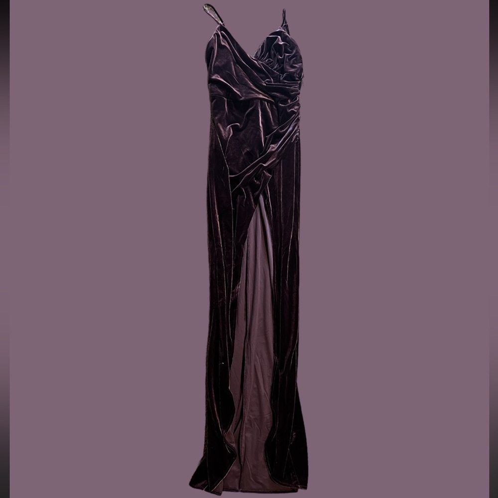Long Velvet Davids Bridal VNeck Side Drape Dress.